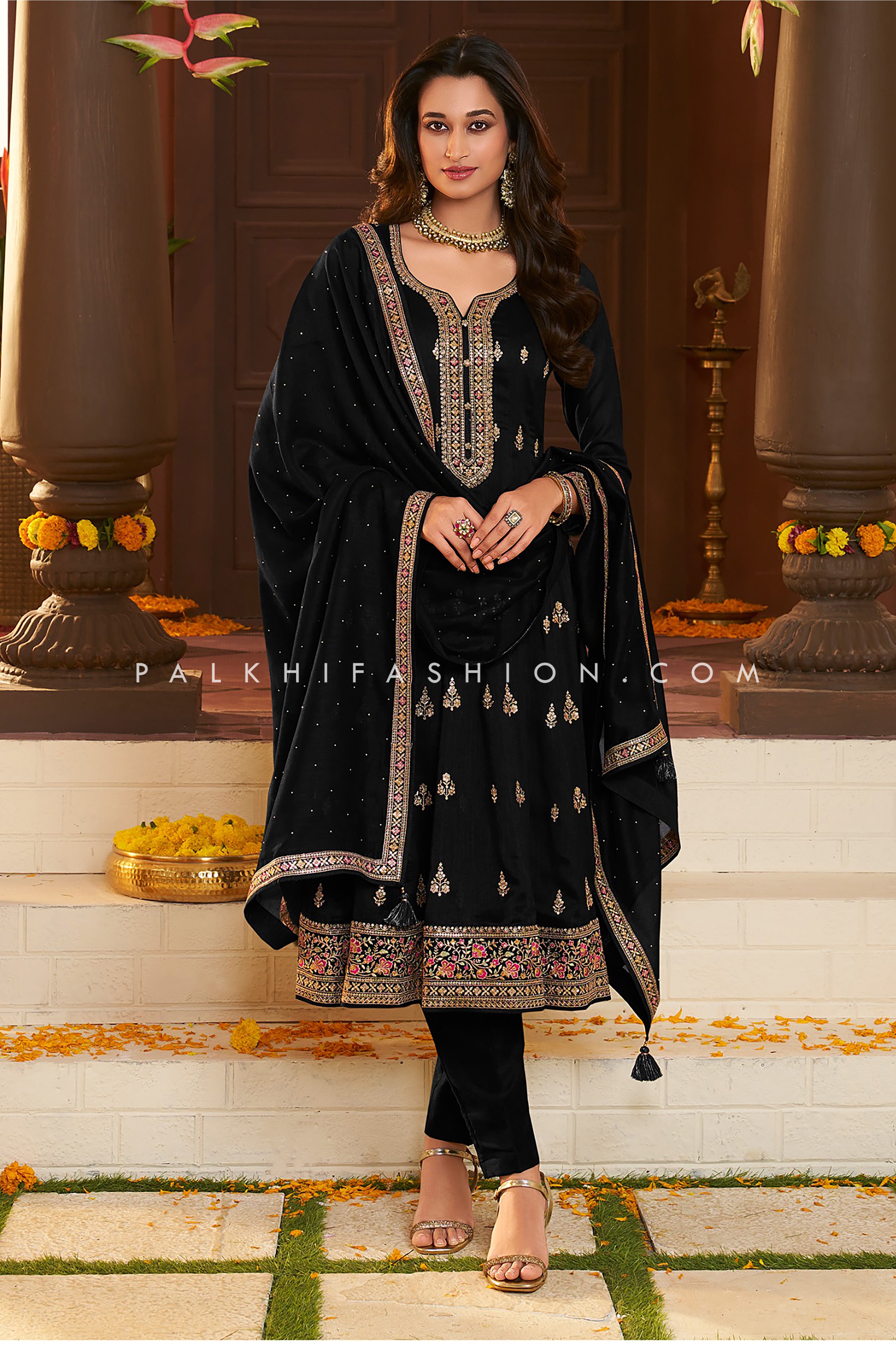 Elegant Black Anarkali Suit – Multi-Color Threadwork & Embroidery work