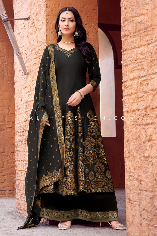 Elegant Black Soft Silk Palazzo Suit with Silk Embroidery