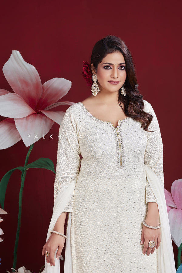 Elegant White Georgette Lakhnavi Work Pant style Outfit