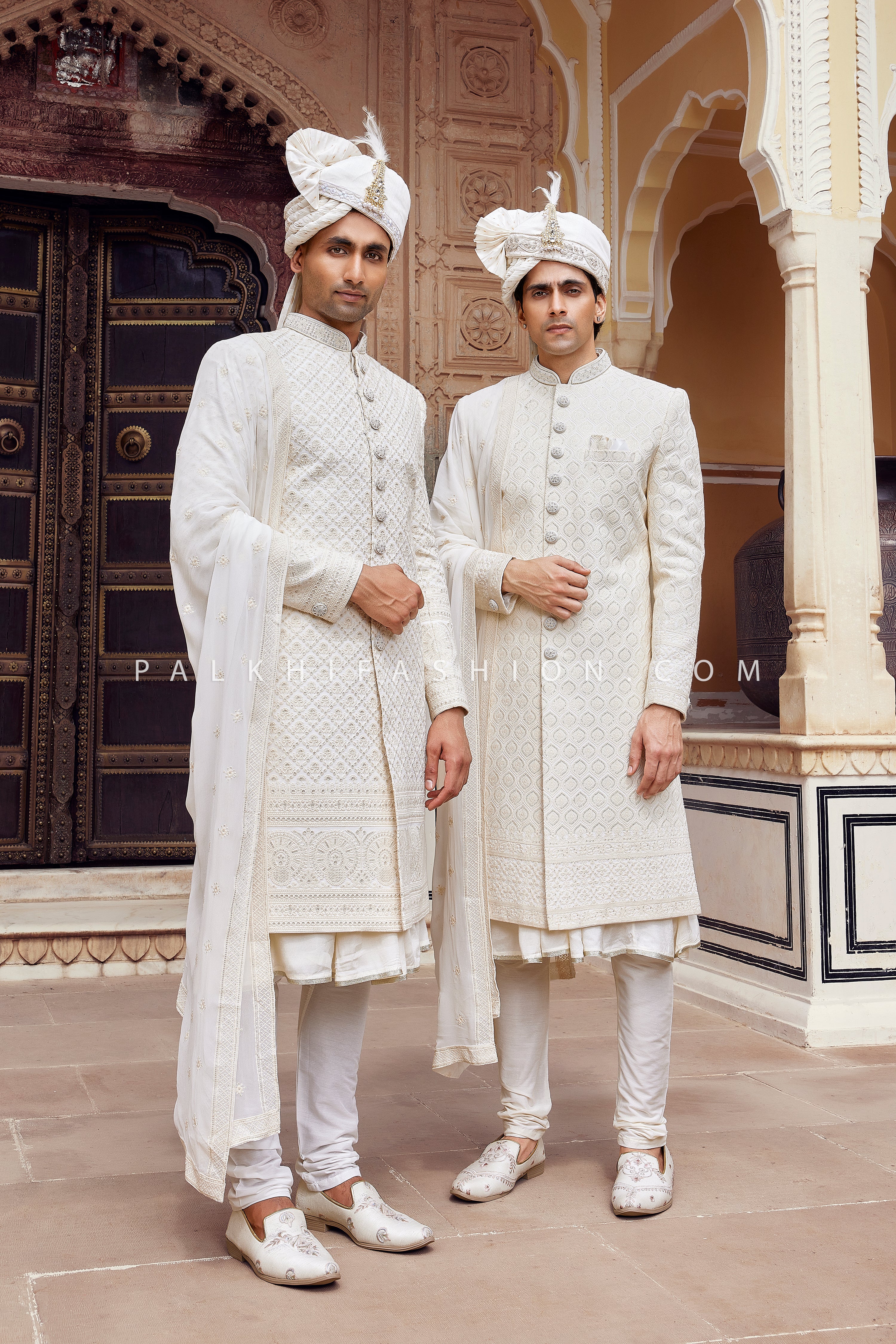 Elegant Cream Self Patterned Indo western Set – A Timeless Choice for Weddings 