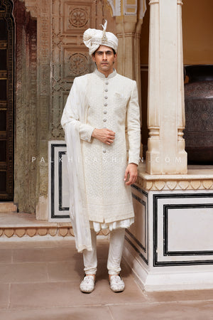 Elegant Cream Self Patterned Indo western Set – A Timeless Choice for Weddings 