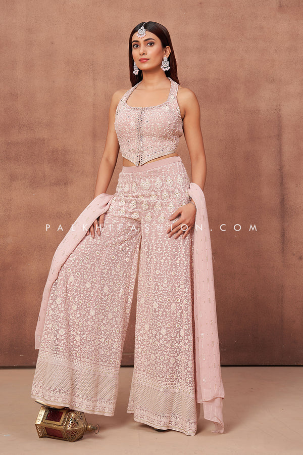 Elegant Light Pink Lakhnavi Work Crop Top Palazzo Outfit by Palkhi Fashion