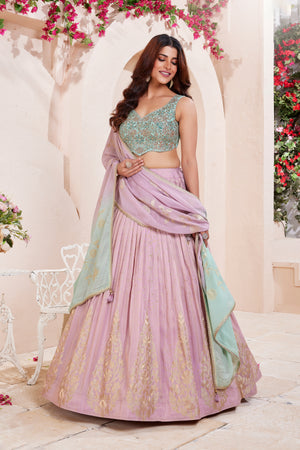 Elegant Lilac-Teal Lehenga | Modern Fusion with Banarasi Touch 