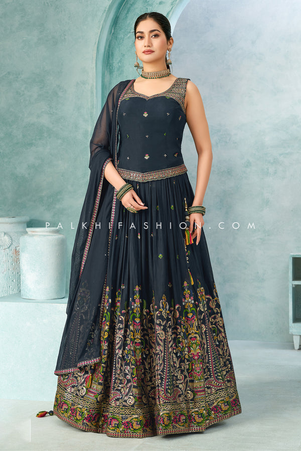 Elegant Petrol Blue Long Top Lehenga Choli with Handwork - Palkhi Fashion