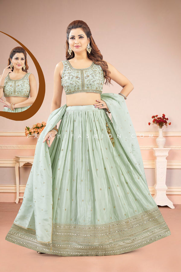 Elegant Pista Green Lehenga Choli with Handcrafted Details - Palkhi Fashion