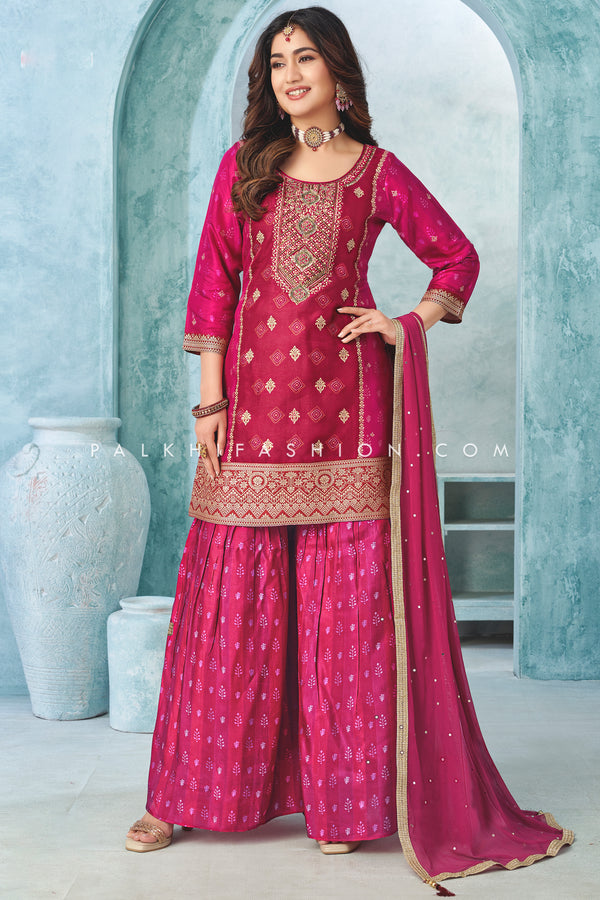 Elegant Rani Pink Soft Silk Palazzo Outfit with Dhoti & Dupatta | Palkhi Fashion