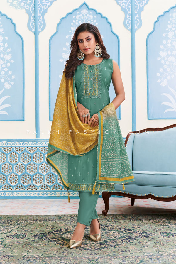 Elegant Sage Green Straight Cut Suit with Bandhani Dupatta - Palkhi Fashion