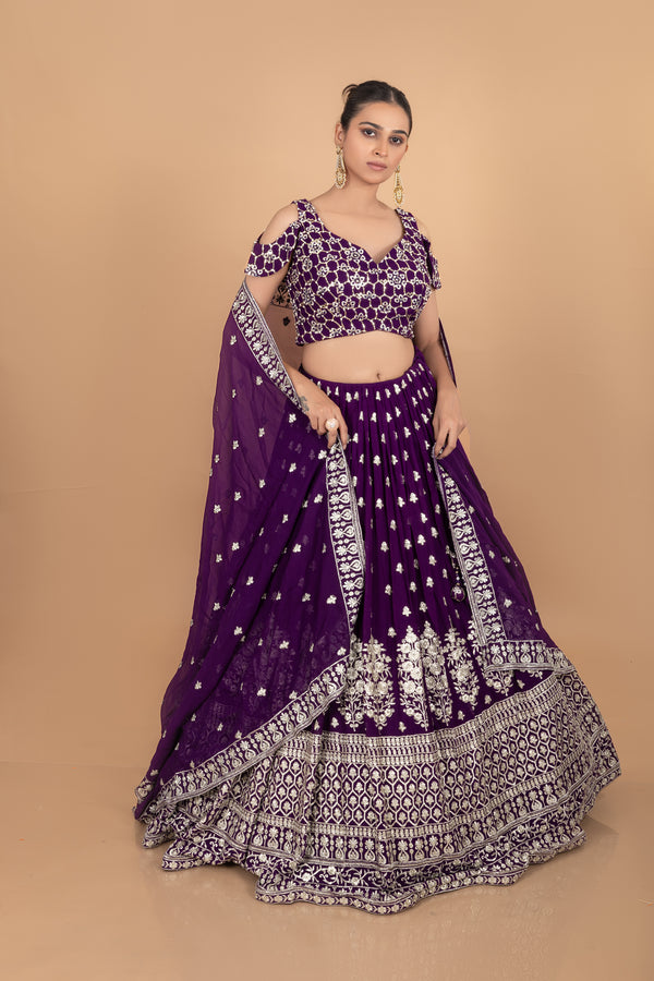 Elegant Whimsy: Designer Deep Purple Lehenga Choli with Cold Shoulder Blouse