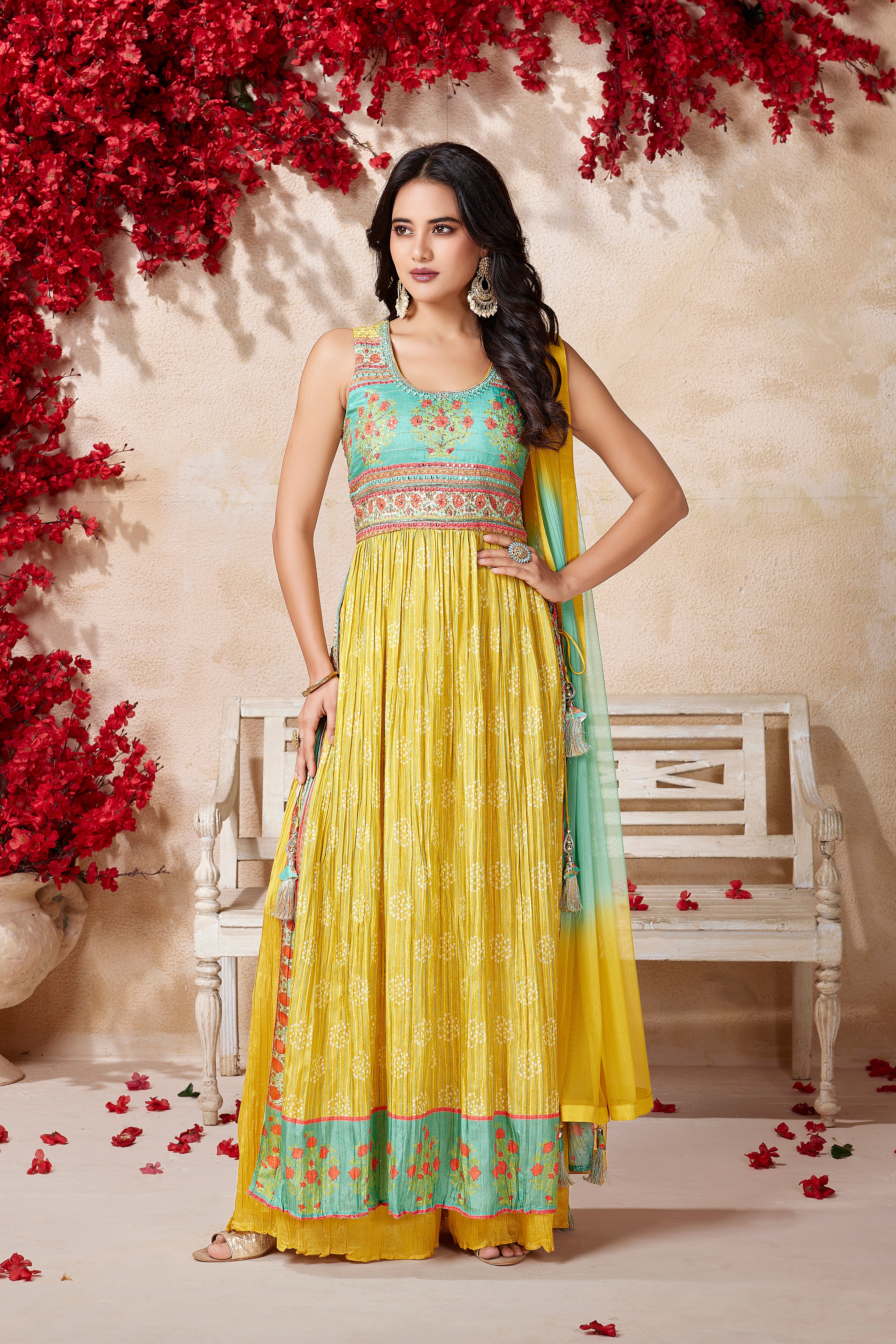 Elegant Yellow/Teal Naira Cut Palazzo Set | Palkhi Fashion