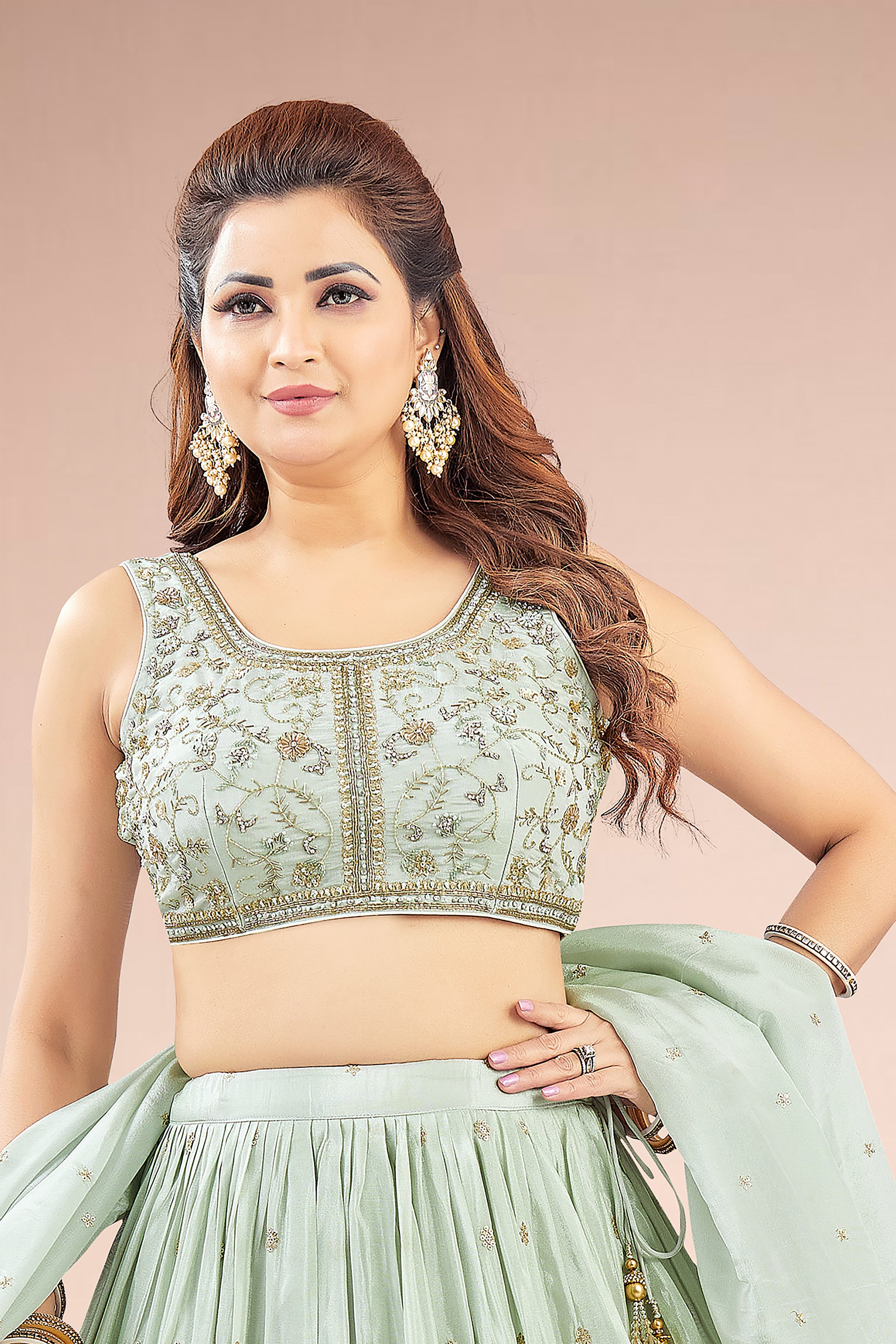 Elegant Pista Green Lehenga Choli with Handcrafted Details - Palkhi Fashion