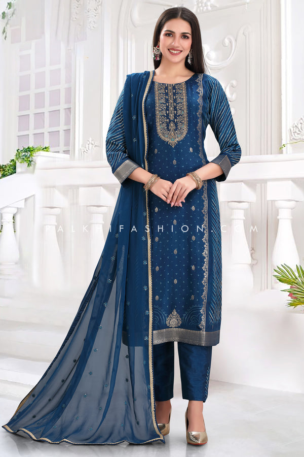 Embrace Grace: Blue Soft Silk Straight Cut Suit with Handwork