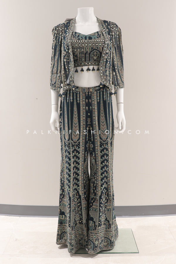 Emerald Elegance: Embroidered Palazzo Outfit With Jacket