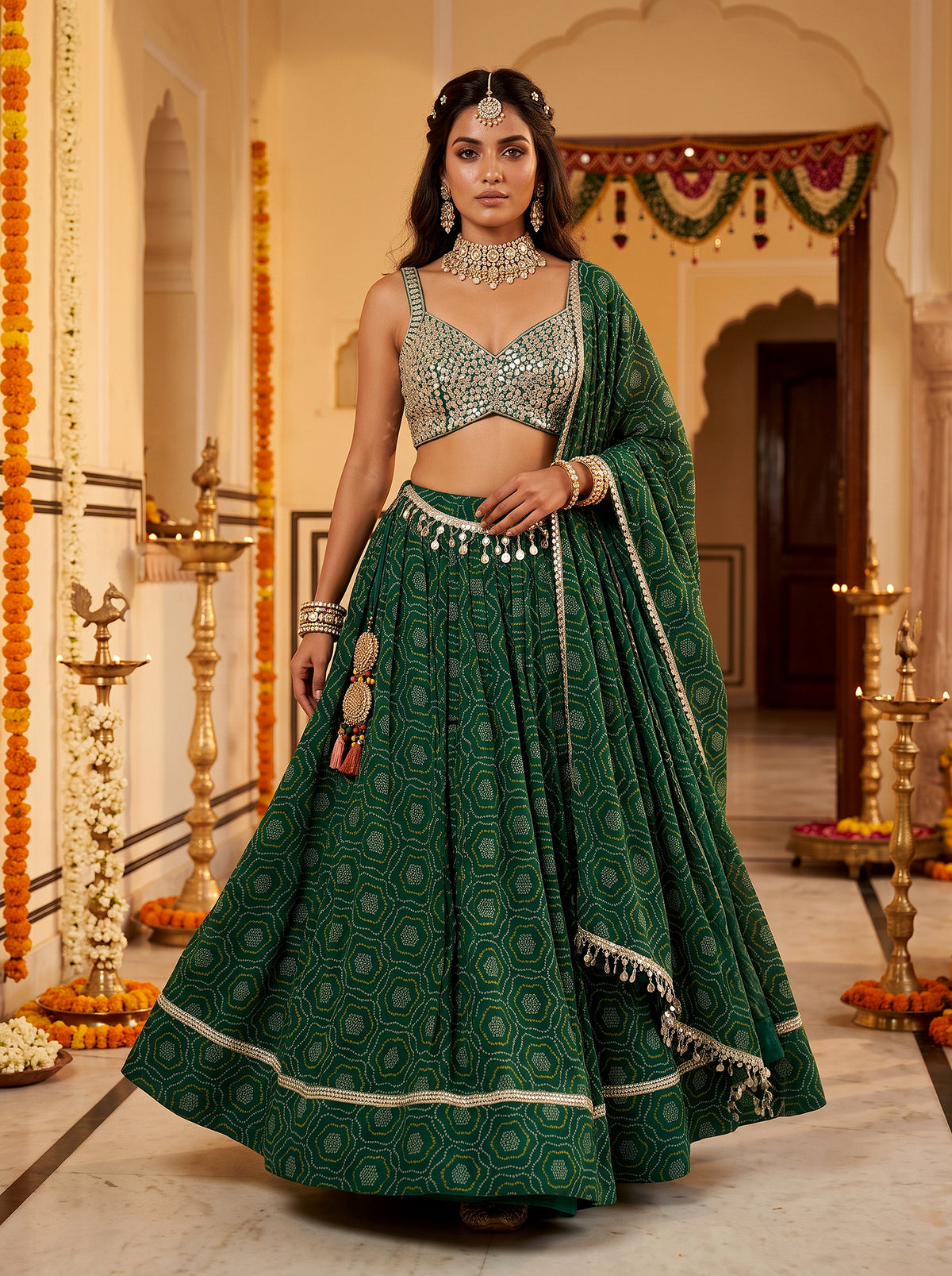 Emerald Radiance | Emerald Green Bandhej Lehenga Choli with Full Mirror Work | Palkhi Fashion
