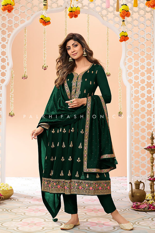 Emerald Green Embroidered Anarkali Suit - Palkhi Fashion