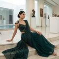 Emerald Elegance | Emerald Green Pre-Draped Saree with Handwork Corset Blouse | Palkhi Fashion