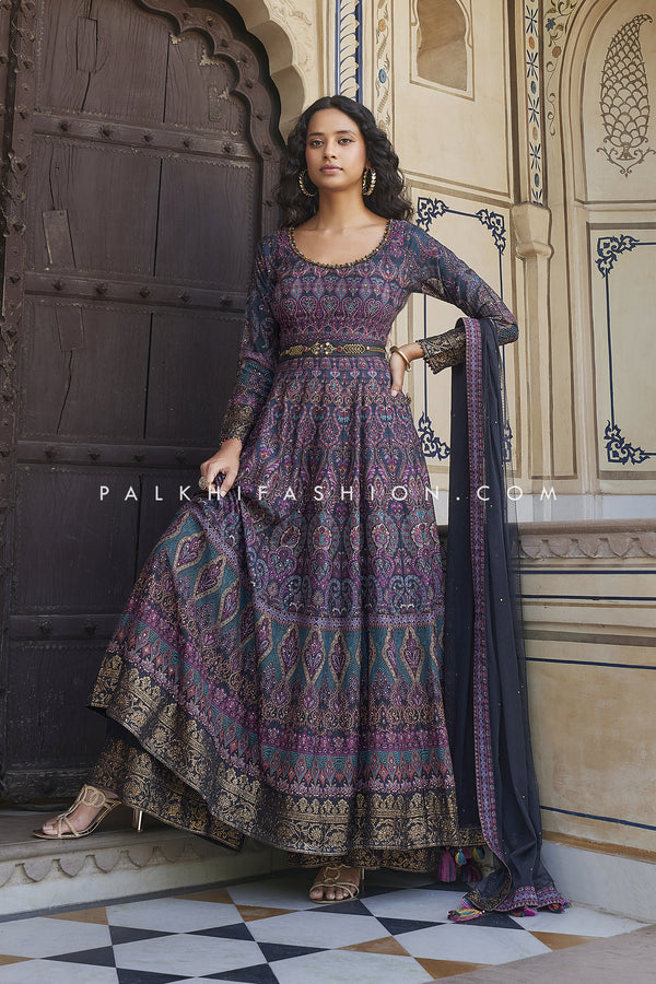 Enchanting Blue/Green Anarkali Palazzo Outfit With Embroidery Work