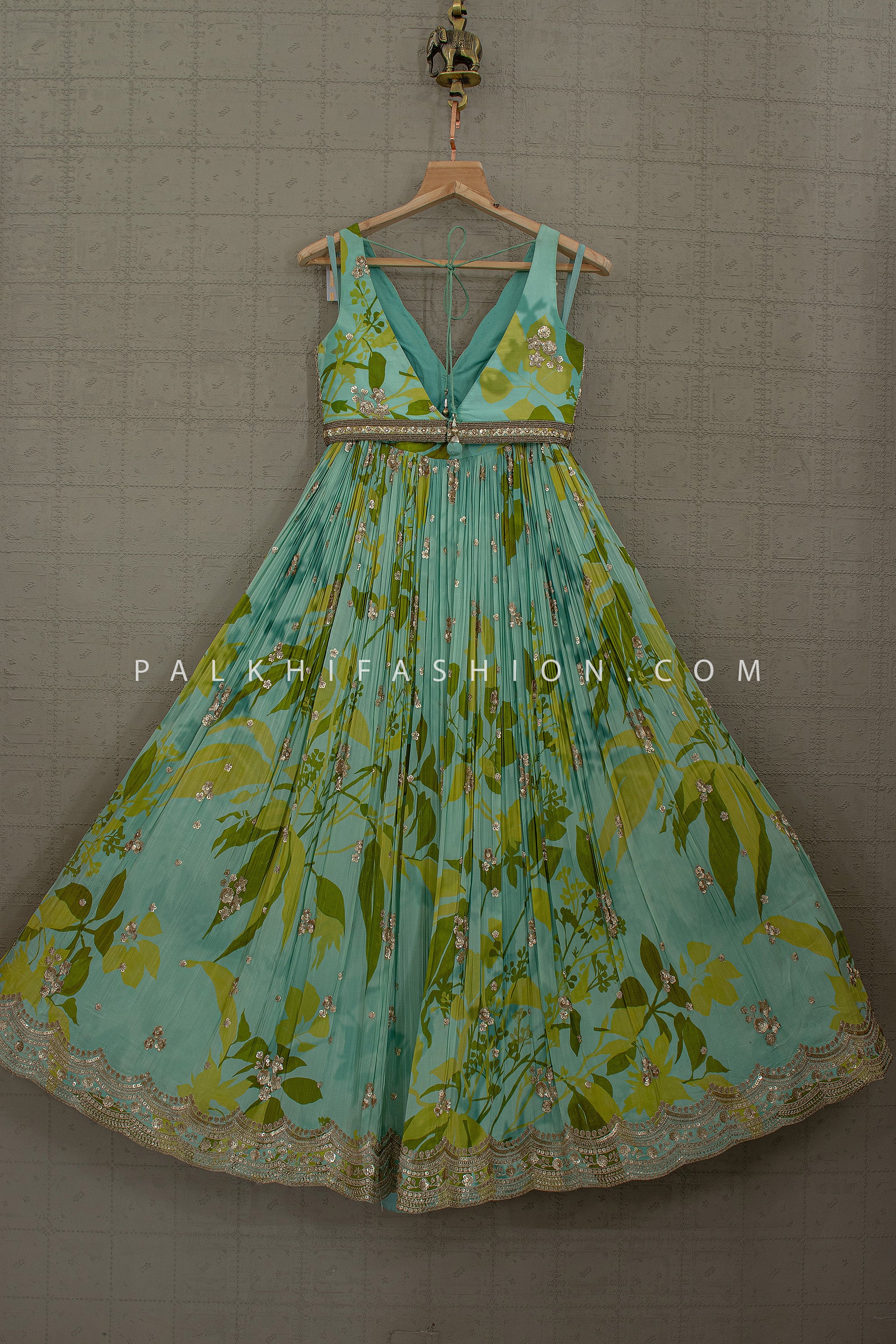 Ethereal Aqua Glow – Soft Silk Lehenga Set with Floral Print and Hand Embroidery – Palkhi Fashion - Palkhi Fashion
