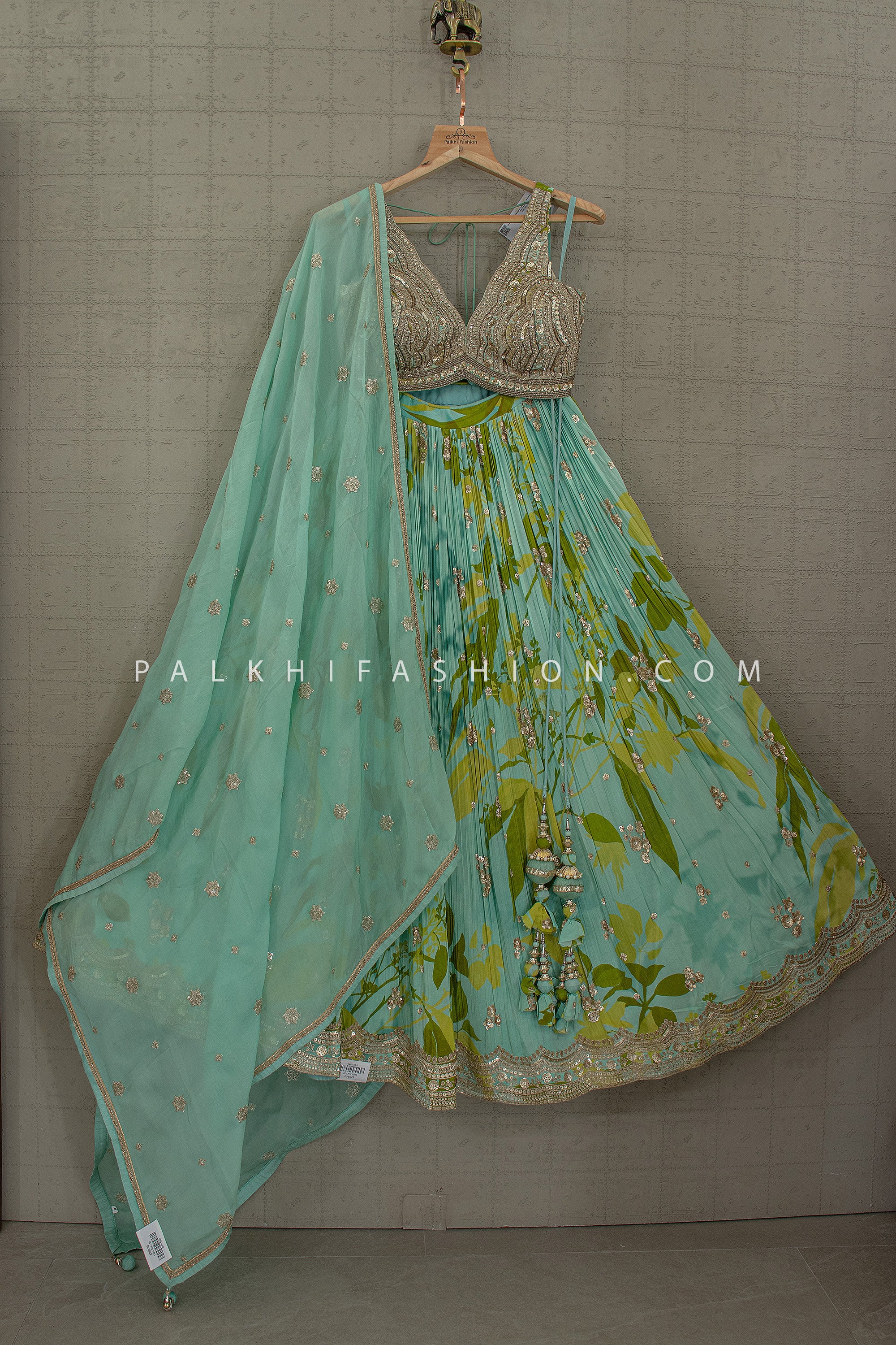 Ethereal Aqua Glow – Soft Silk Lehenga Set with Floral Print and Hand Embroidery – Palkhi Fashion - Palkhi Fashion