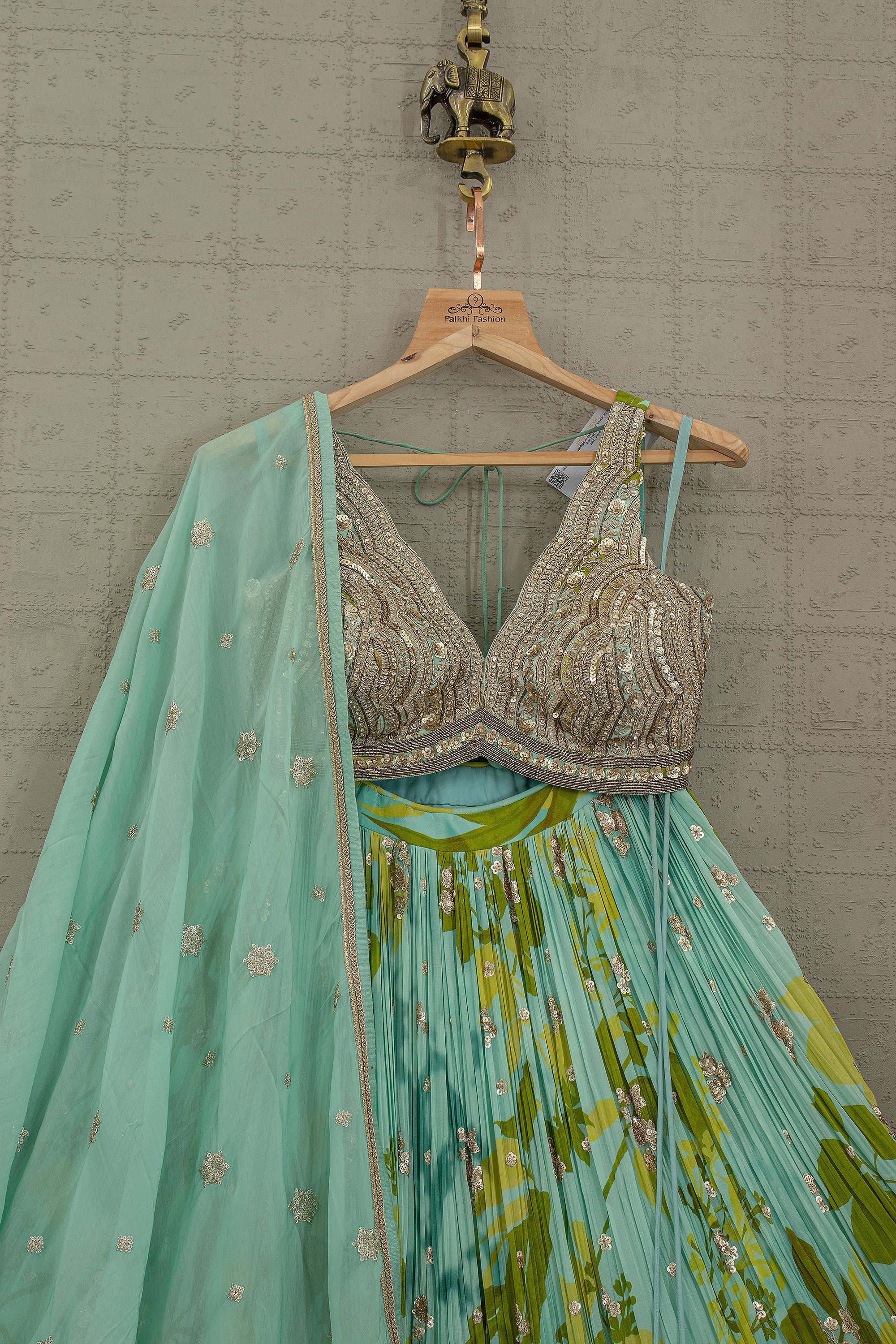 Ethereal Aqua Glow – Soft Silk Lehenga Set with Floral Print and Hand Embroidery – Palkhi Fashion - Palkhi Fashion