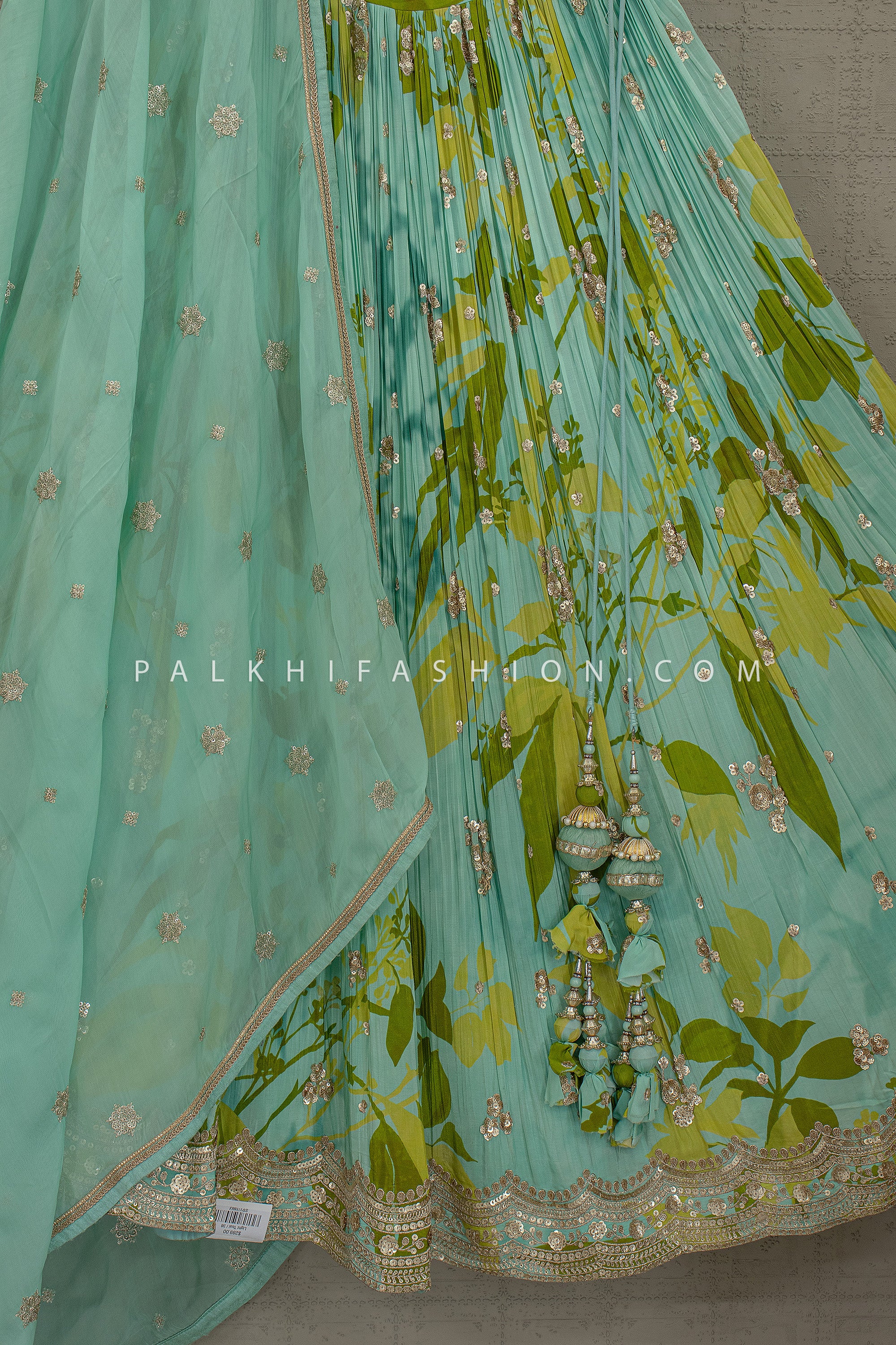 Ethereal Aqua Glow – Soft Silk Lehenga Set with Floral Print and Hand Embroidery – Palkhi Fashion - Palkhi Fashion