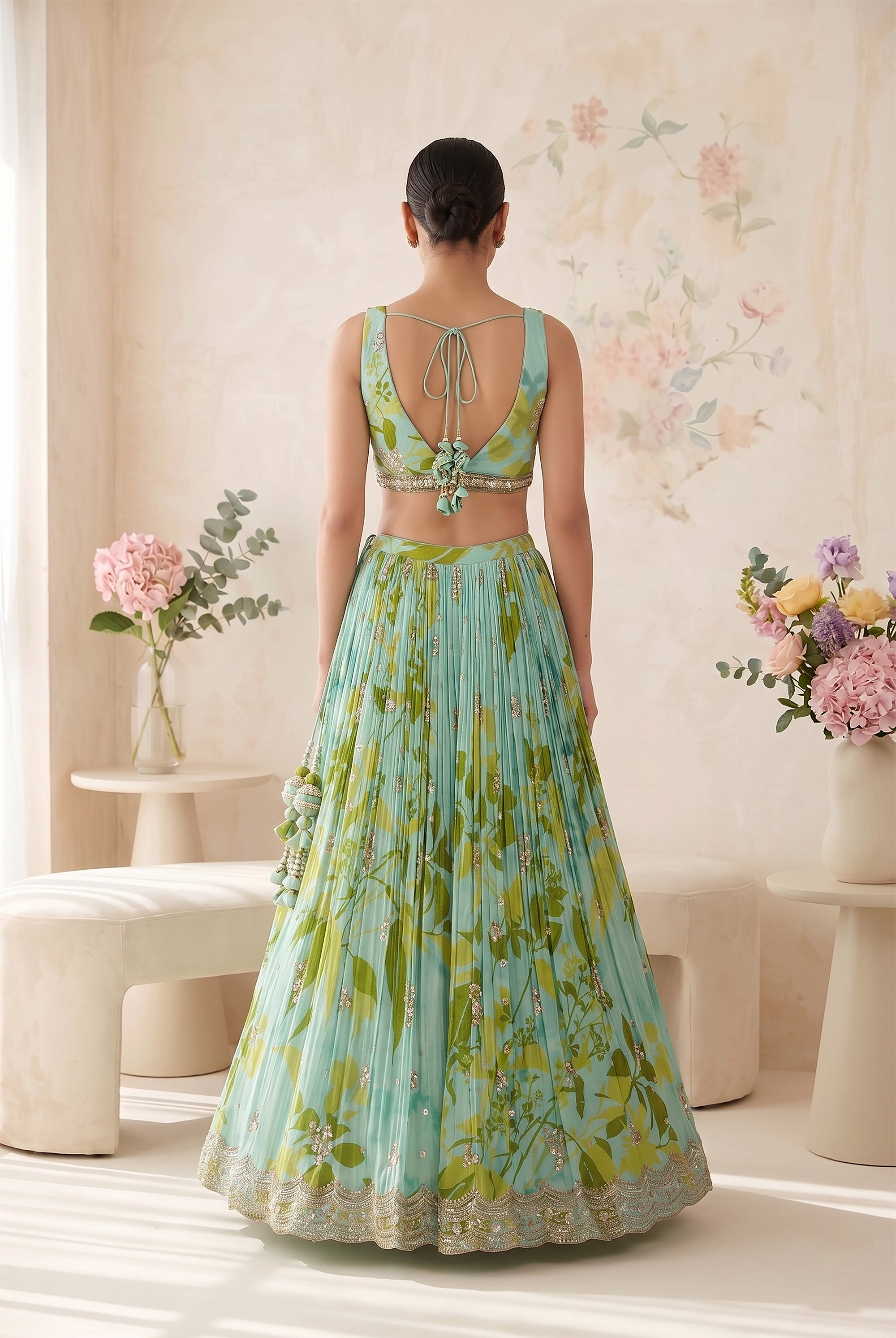 Ethereal Aqua Glow – Soft Silk Lehenga Set with Floral Print and Hand Embroidery – Palkhi Fashion - Palkhi Fashion