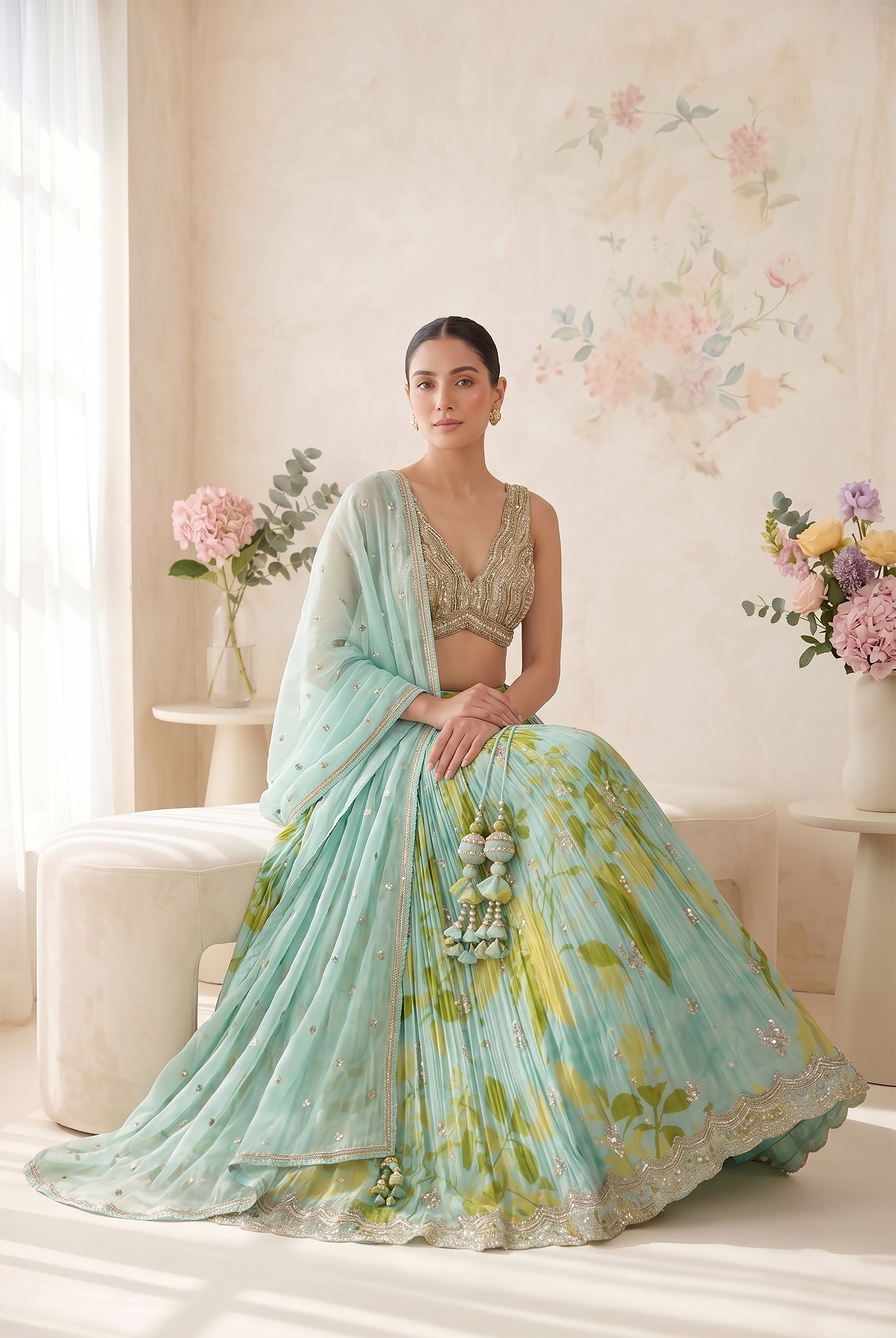 Ethereal Aqua Glow – Soft Silk Lehenga Set with Floral Print and Hand Embroidery – Palkhi Fashion - Palkhi Fashion