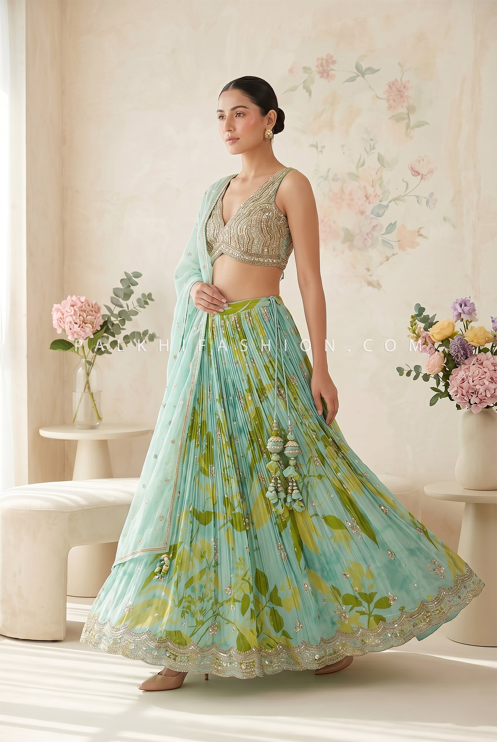 Ethereal Aqua Glow – Soft Silk Lehenga Set with Floral Print and Hand Embroidery – Palkhi Fashion - Palkhi Fashion