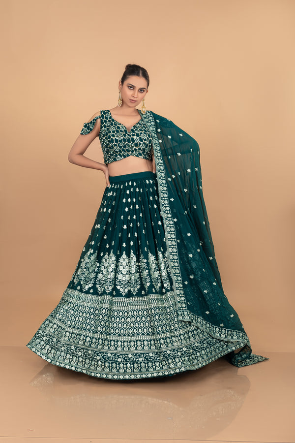 Ethereal Emerald: Pure Georgette Lehenga Choli with Embroidery Work