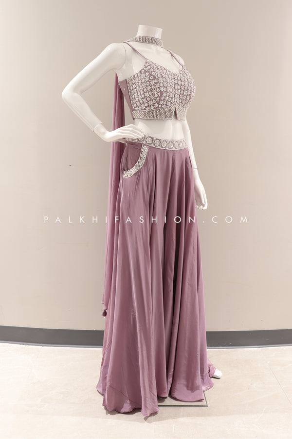 Ethereal Grace: Lilac Crop Top Palazzo Outfit With Handwork