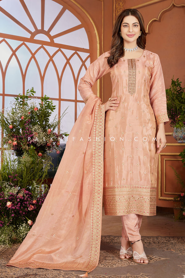 Exquisite Peach Soft Silk Suit with Embellished Work