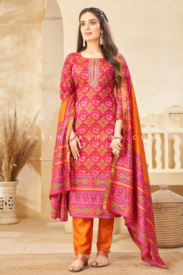 Exquisite Rani Pink Patola Silk Straight Cut Suit