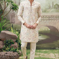 Refined Summer Luxe – Ivory Floral Embroidered Men’s Kurta Set – Palkhi Fashion