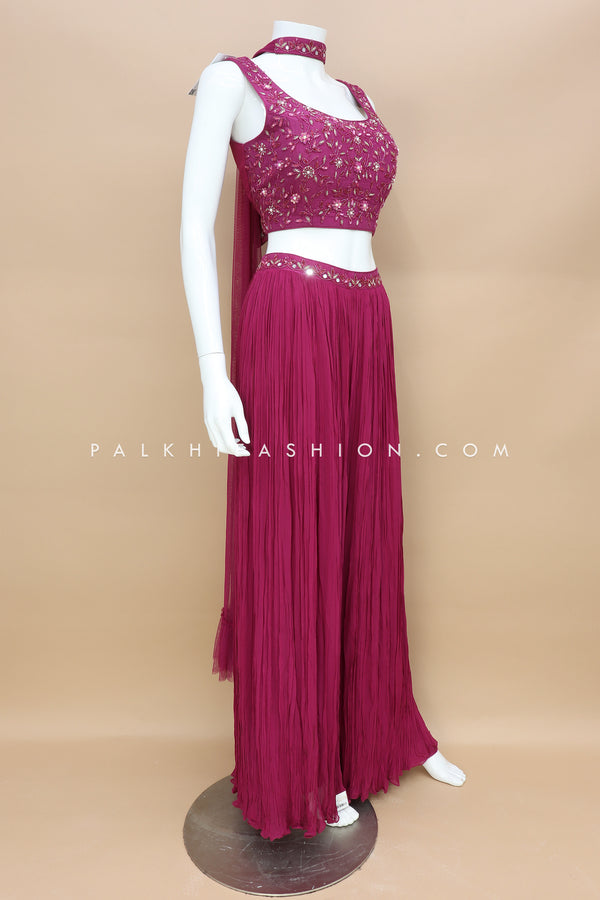 Fascinating Amaranth Color Crop Top Palazzo Outfit