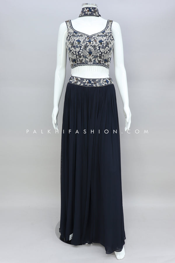 Fascinating Navy Blue Designer Crop Top Palazzo Outfit