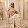 Luminous Champagne Satin Silk Pre Draped Saree Pearl Work | Palkhi Fashion