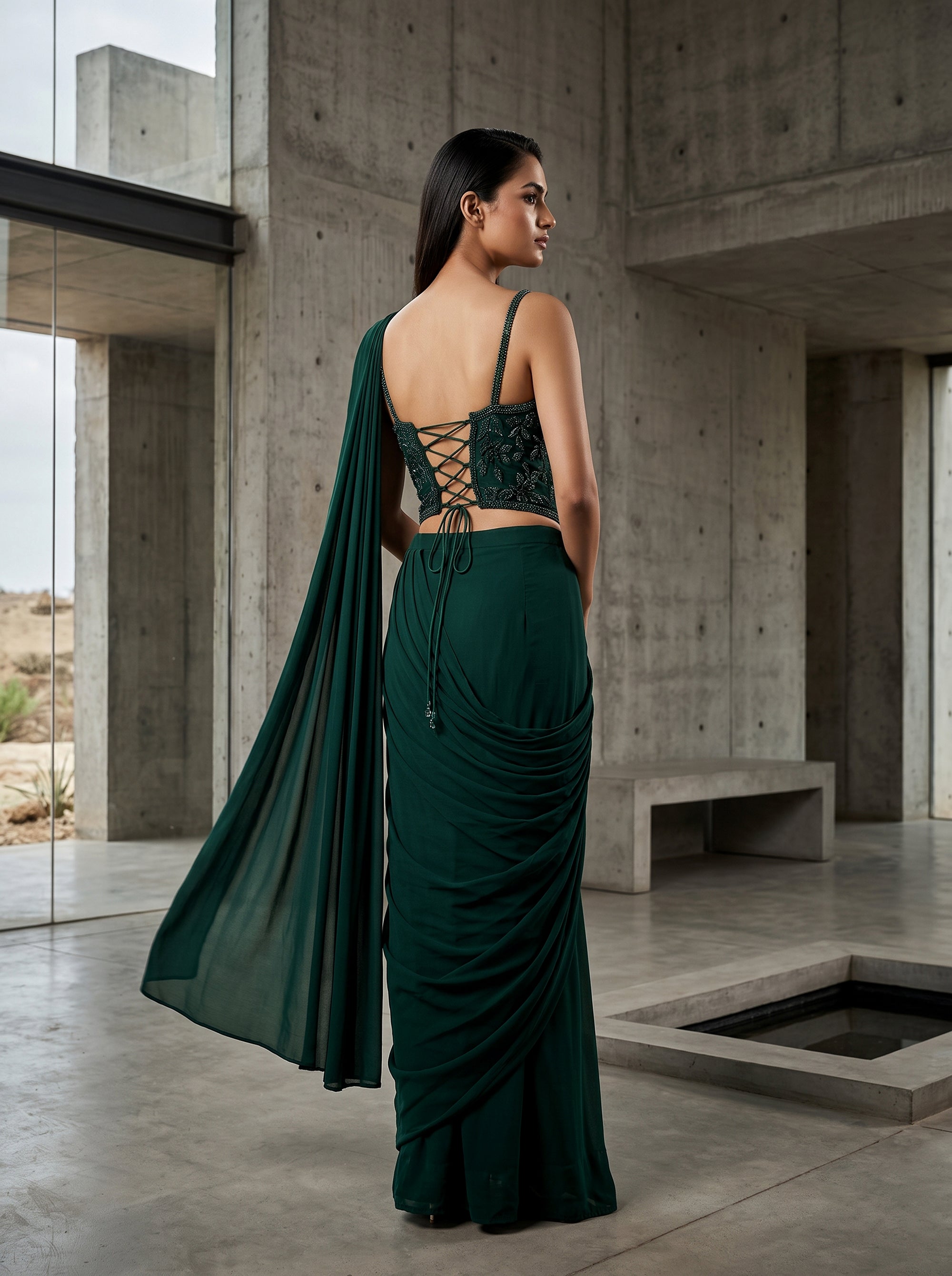 Emerald Green Georgette Pre Draped Saree Corset | Palkhi Fashion