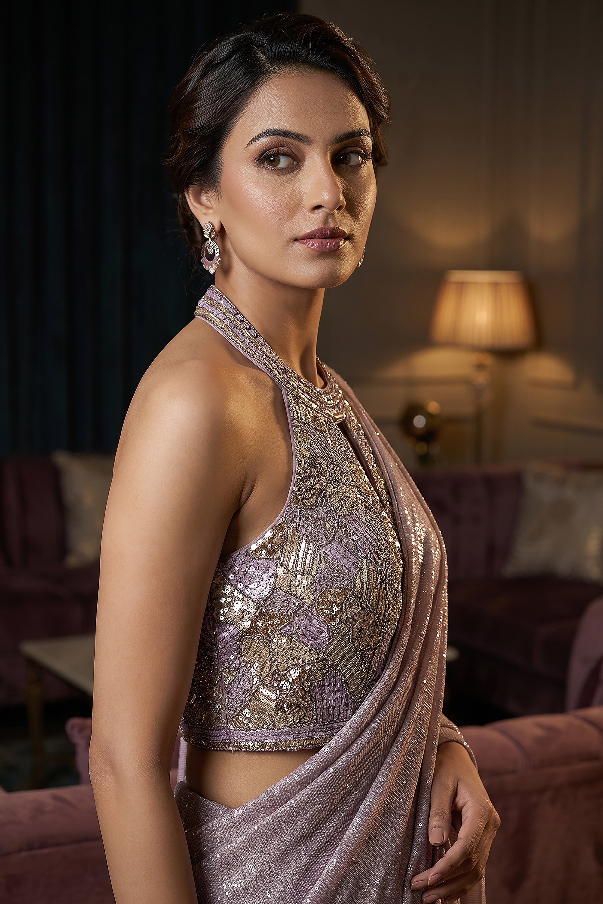Lilac Sequined Georgette Saree with Halter Blouse | Palkhi Fashion