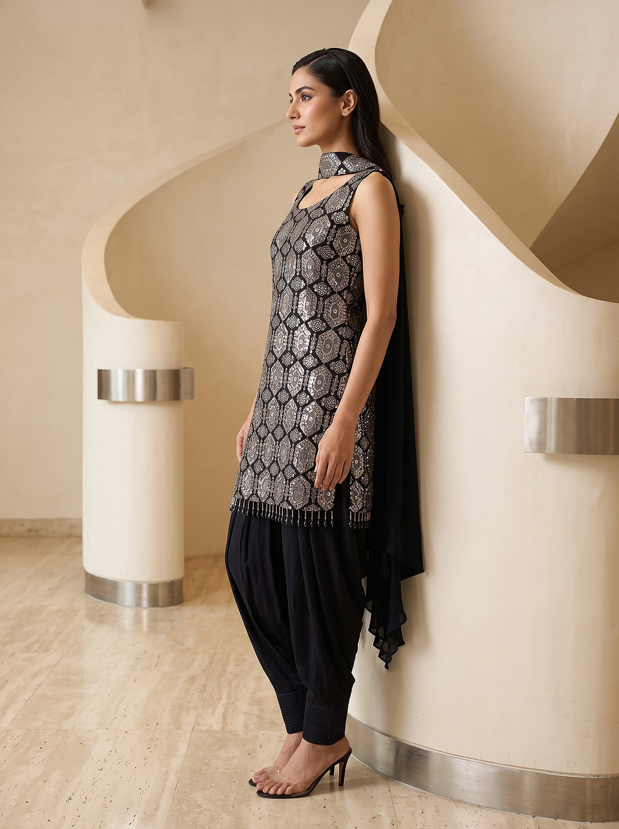 Midnight Glamour | Black Designer Dhoti Salwar Suit with Metallic Embroidery | Palkhi Fashion