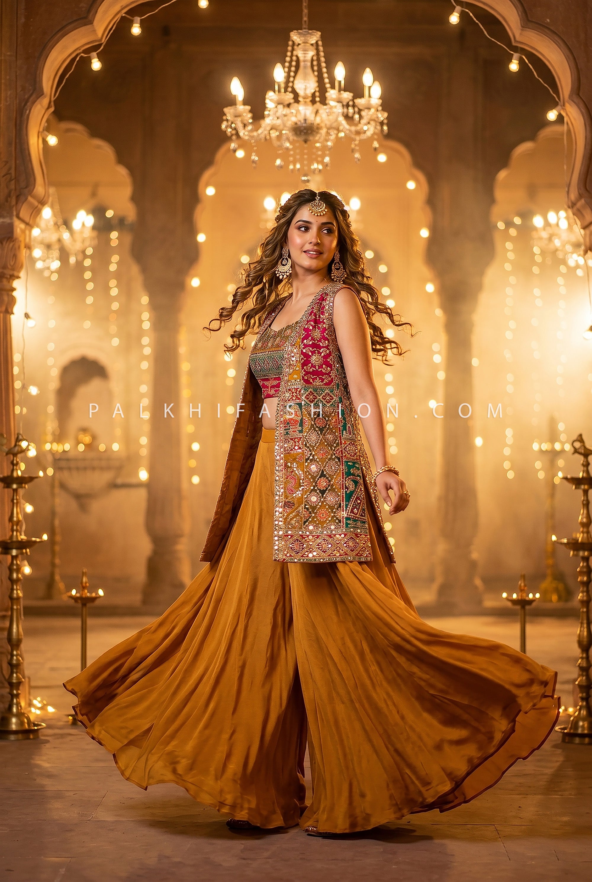 Festive Artisan Muse – Mustard Crop Top Palazzo Set with Heritage Jacket – Palkhi Fashion