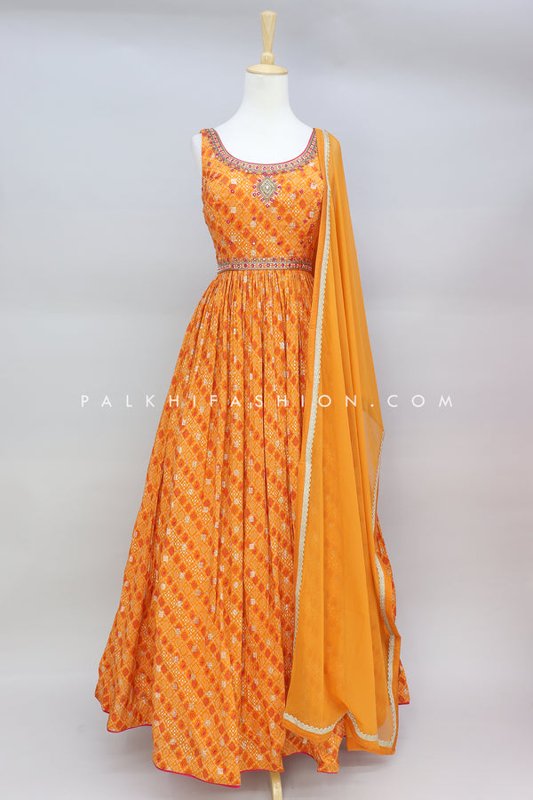 Festive Light Orange Indian Outfit With Bandhani Designs