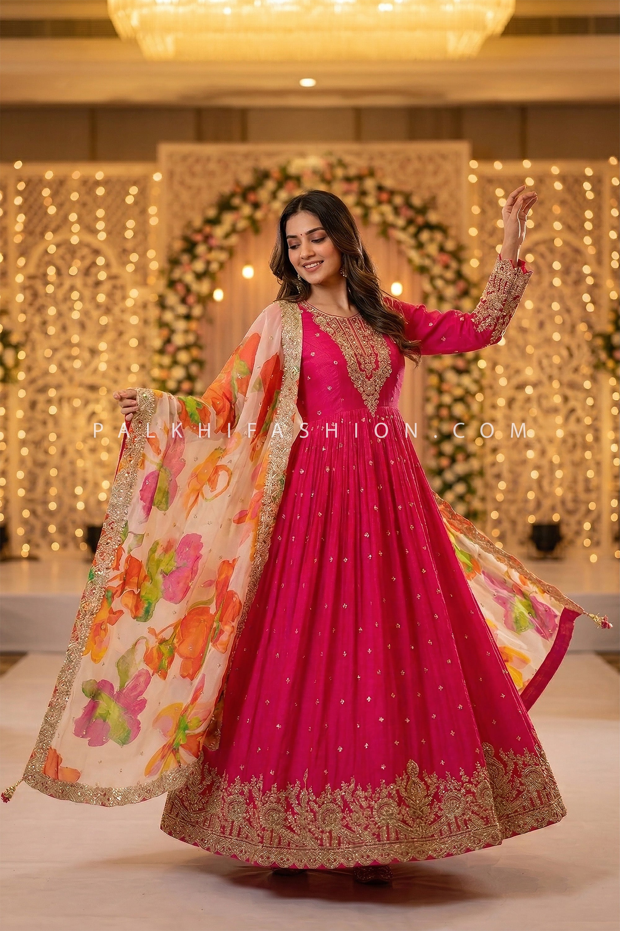 Floral Festive Glow – Rani Pink Pure Georgette Handwork Anarkali Set – Palkhi Fashion