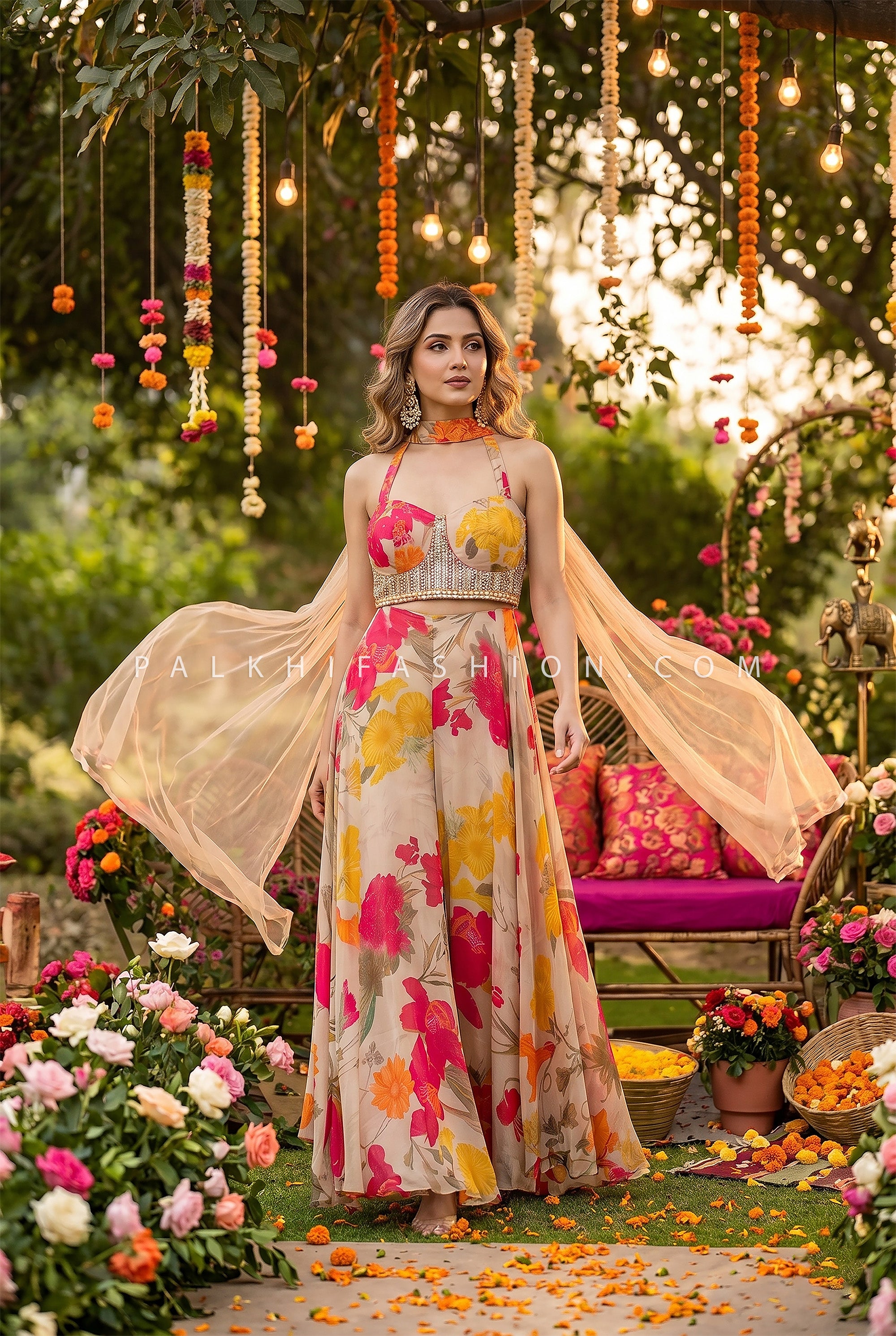 Floral Fiesta – Tropical Floral Indo Western Palazzo Set | Palkhi Fashion