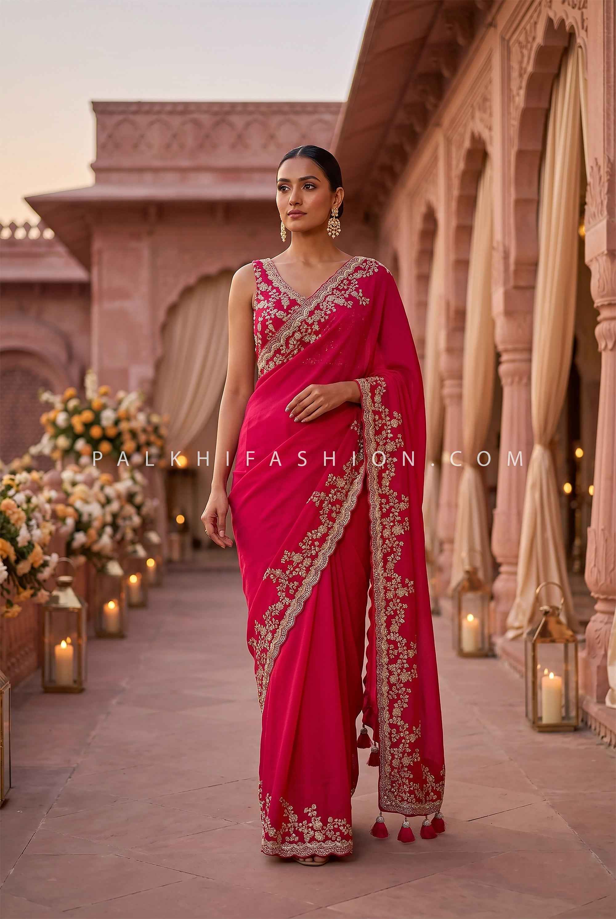 Ruby Royale – Fuchsia Pink Designer Saree with Antique Zari Embroidery | Palkhi Fashion