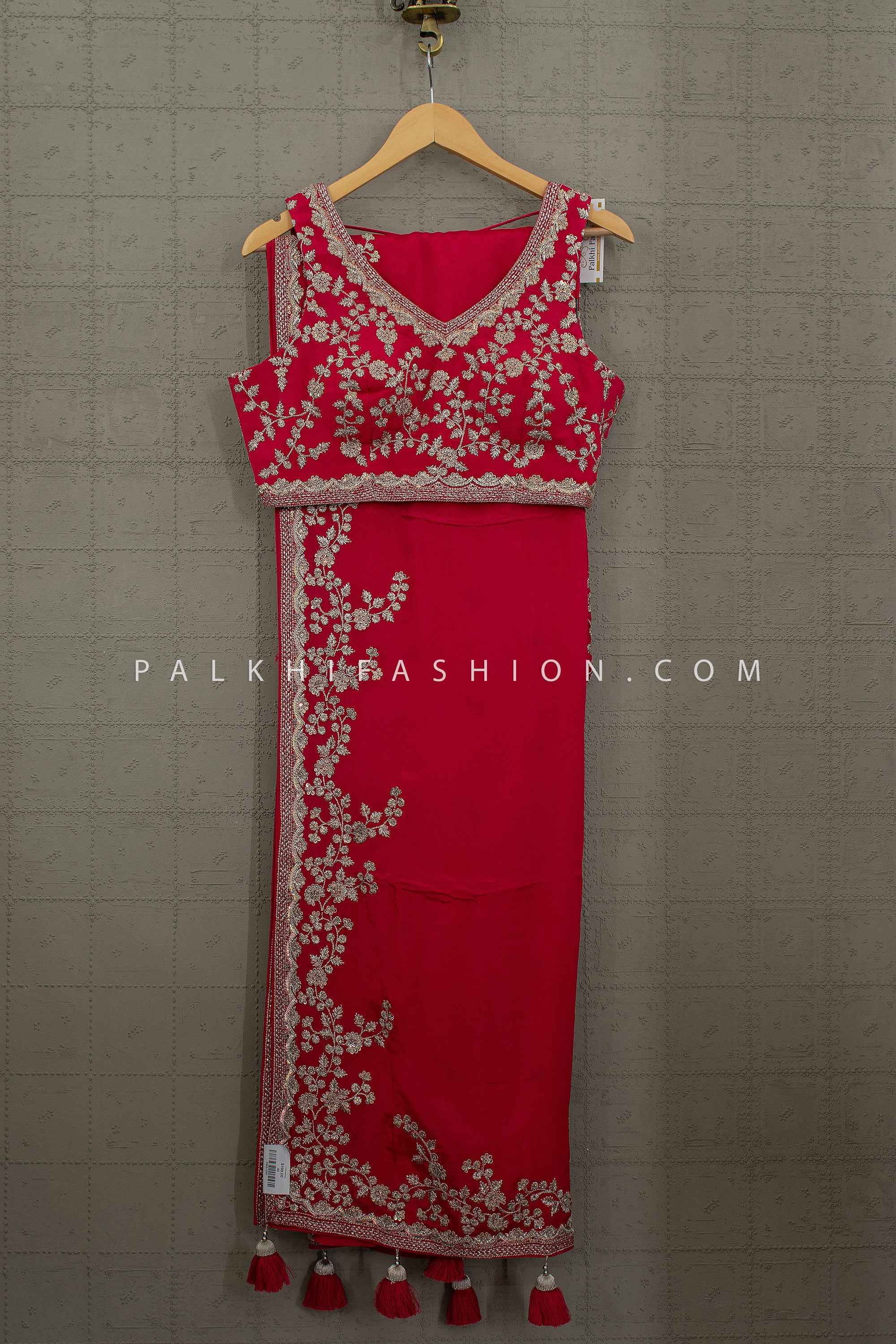 Ruby Royale – Fuchsia Pink Designer Saree with Antique Zari Embroidery | Palkhi Fashion