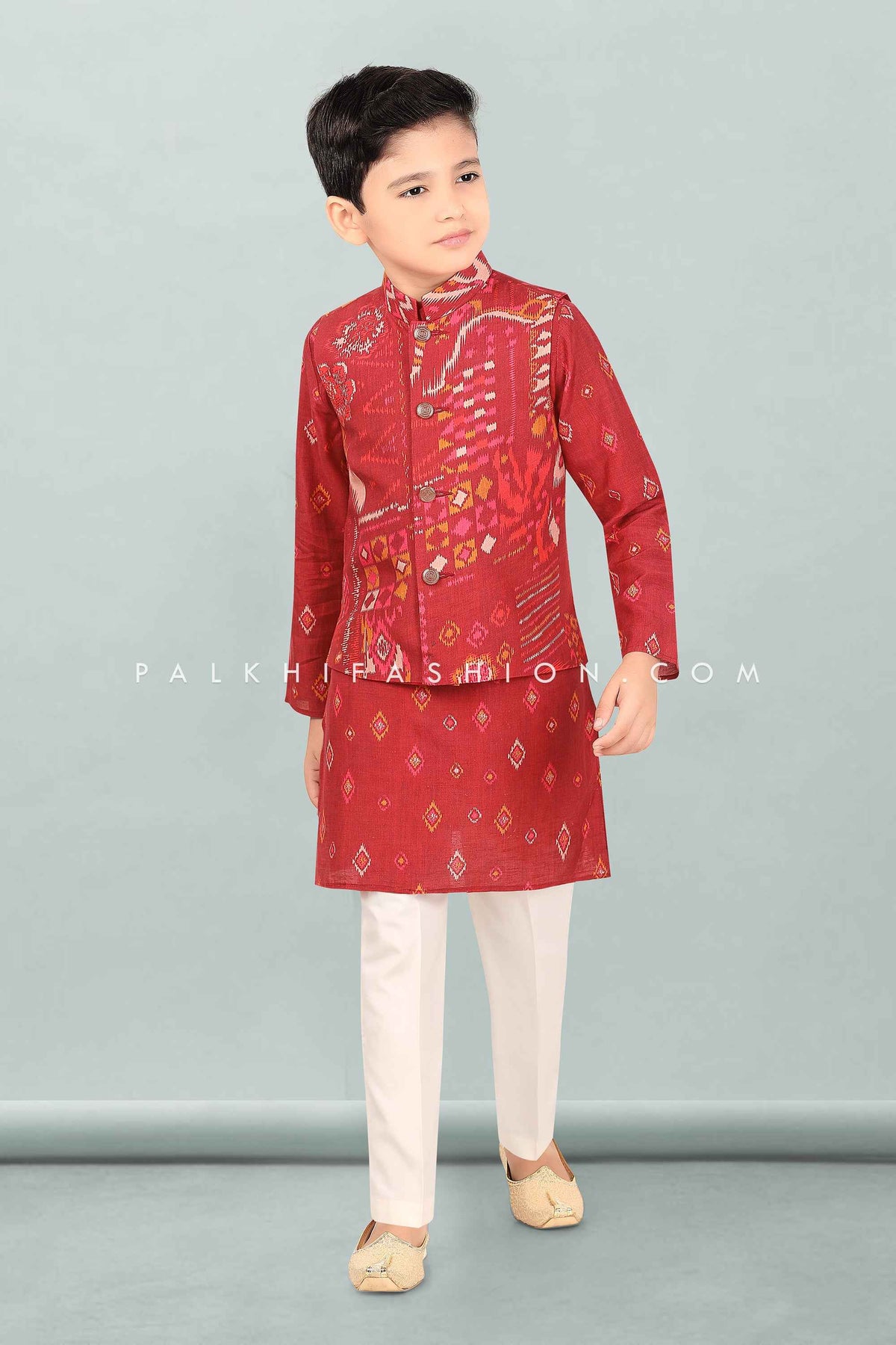 Gajri Red Boys Jacket Kurta Set with Patola Work – Palkhi Fashion