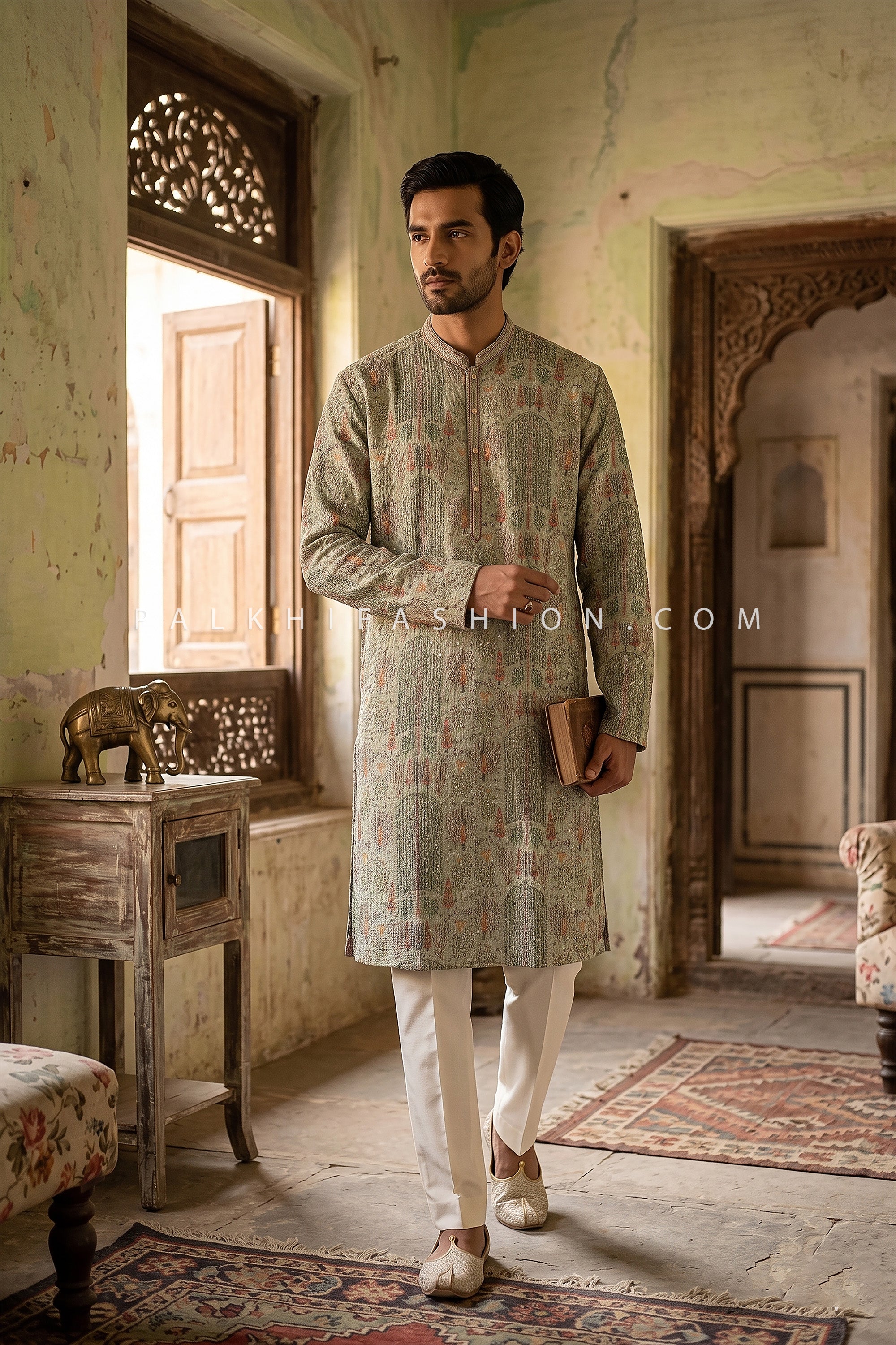 Garden Heirloom Elegance – Sage Green Printed Designer Kurta for Men | Palkhi Fashion