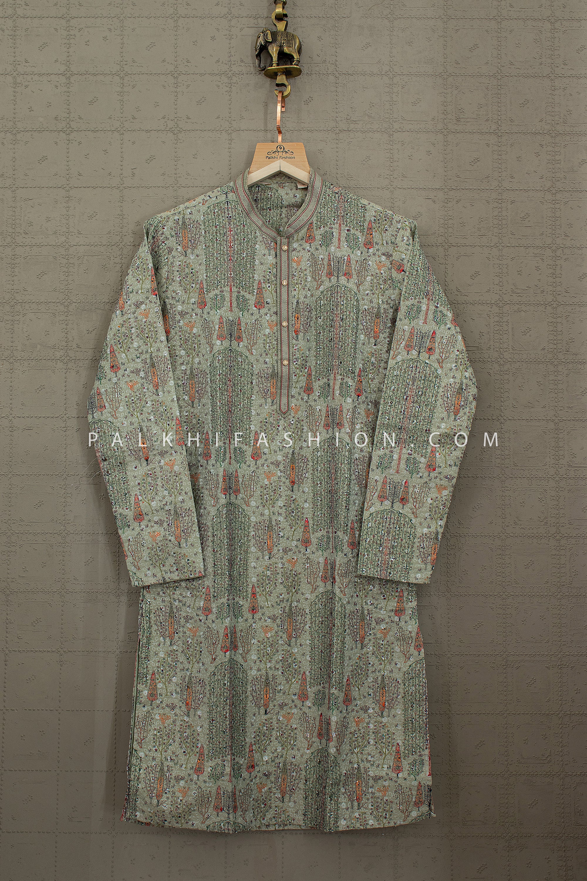 Garden Heirloom Elegance – Sage Green Printed Designer Kurta for Men | Palkhi Fashion
