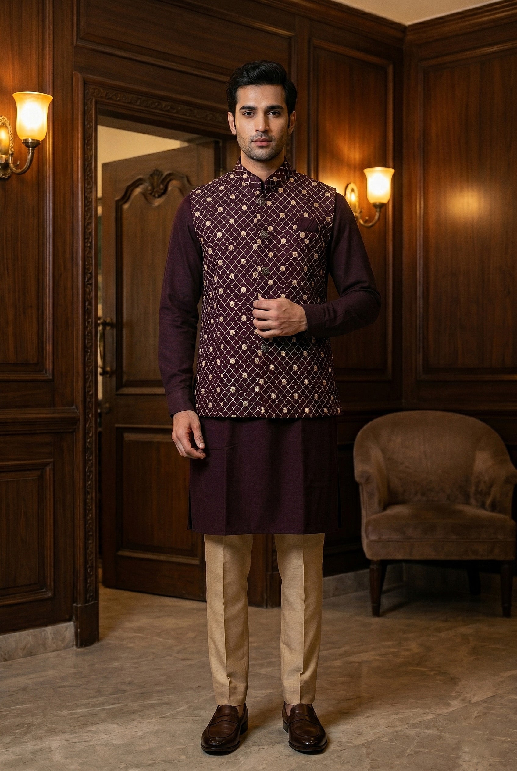 Royal Merlot Edge - Wine Embroidered Soft Silk Kurta Jacket Set | Palkhi Fashion