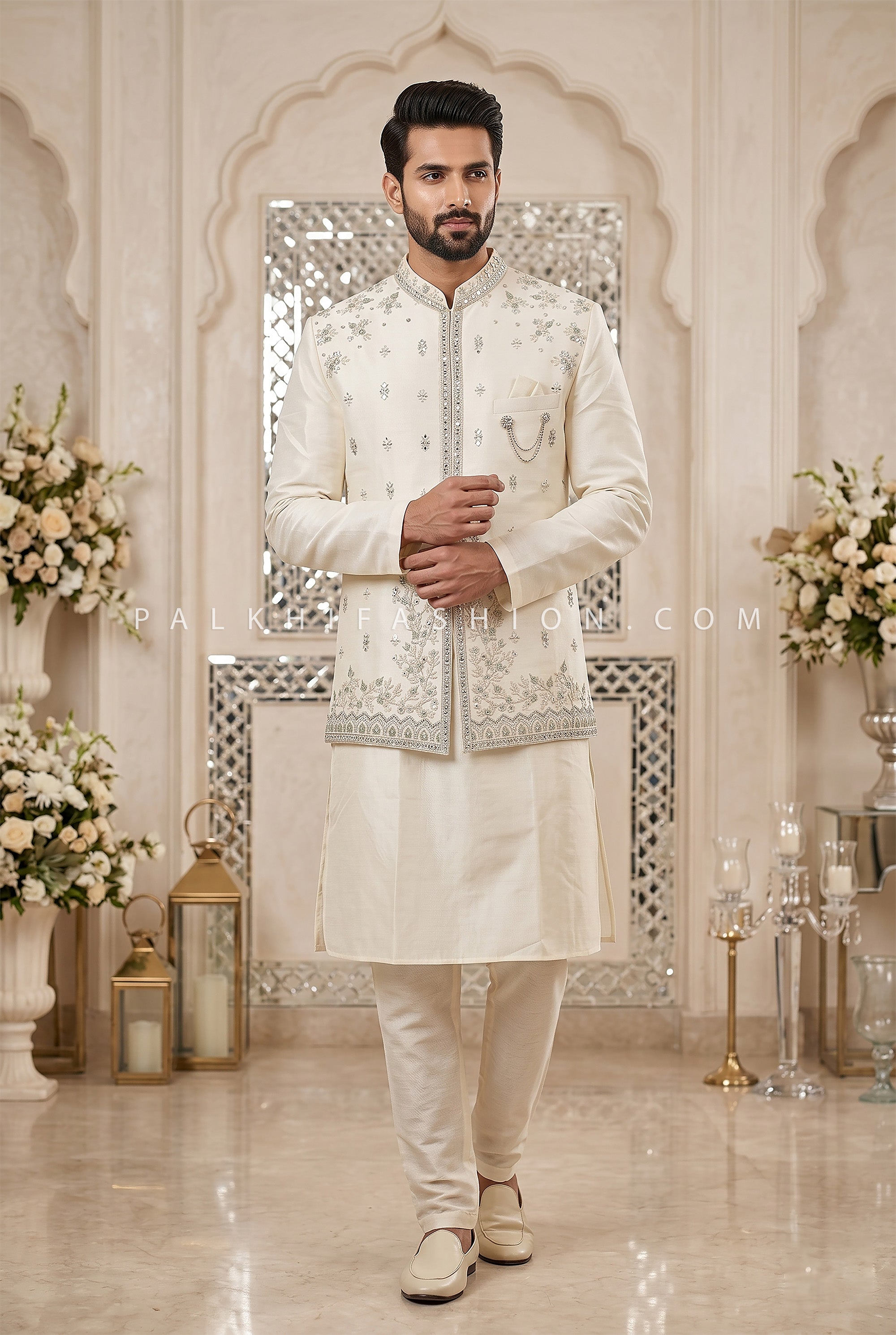 Royal Pearl Legacy - Designer Semi Indo Ivory Mirror Work Kurta Set for Men | Palkhi Fashion
