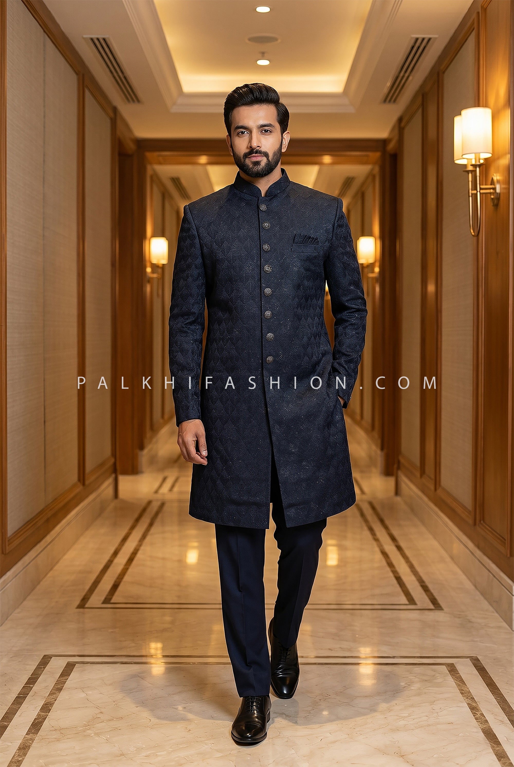 Regal Teal Statement - Teal Silk Jacquard Indo Western Sherwani for Men | Palkhi Fashion